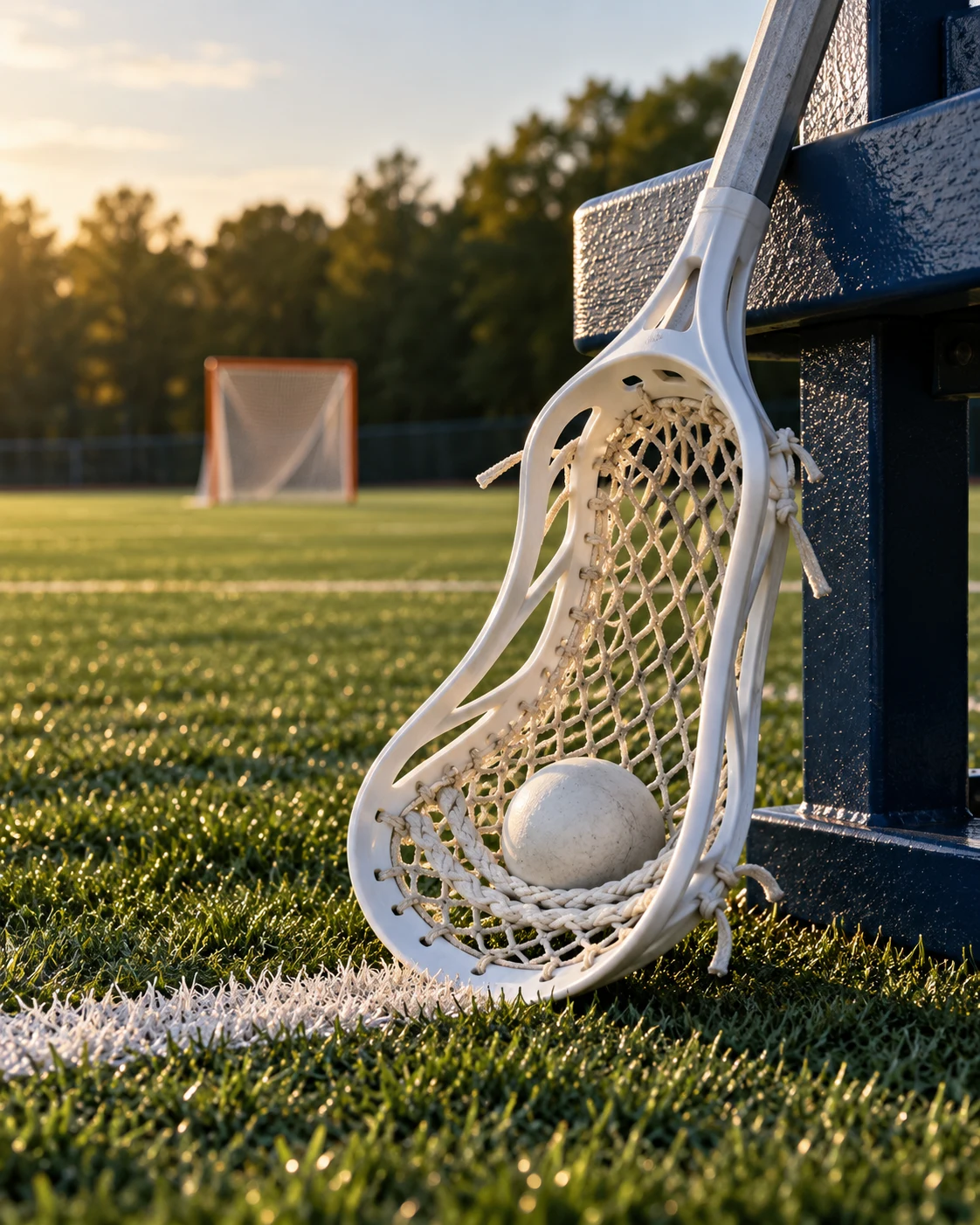 A lacrosse stick and ball beside a navy bench overlooking a quiet lacrosse field